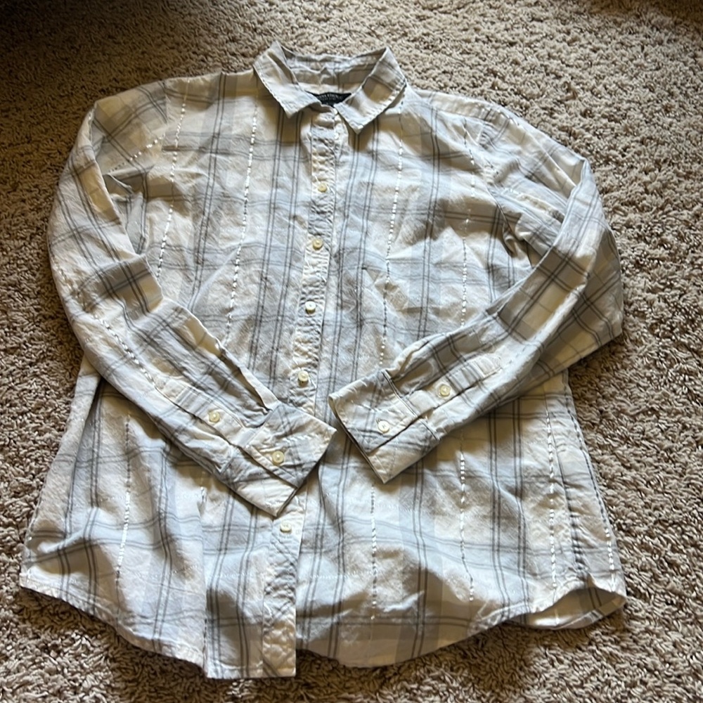 Women’s Banana Republic Dillon button up shirt plaid silver cream grey sz Small